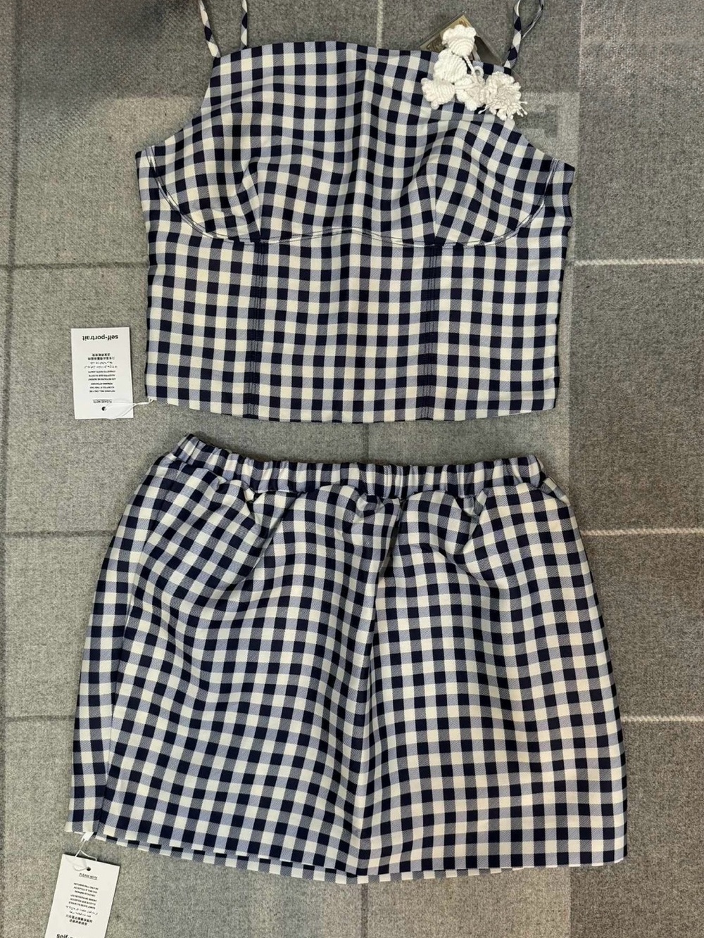 Self-Portrait Navy and White Gingham Cropped Bustier Top with Floral Appliqué